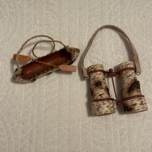 Christmas ornaments faux birch wood canoe and binoculars